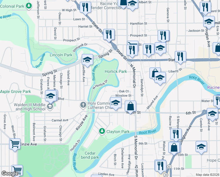 map of restaurants, bars, coffee shops, grocery stores, and more near 1722 Oak Ct in Racine