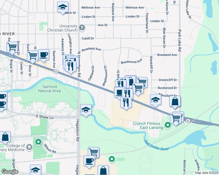 map of restaurants, bars, coffee shops, grocery stores, and more near 136 Maplewood Drive in East Lansing