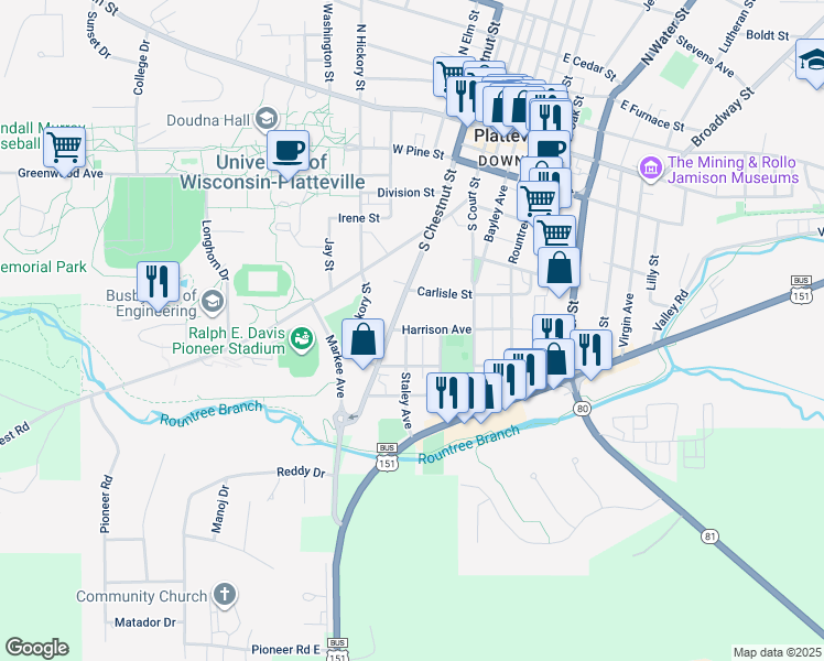 map of restaurants, bars, coffee shops, grocery stores, and more near 285 Harrison Avenue in Platteville