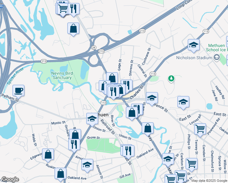 map of restaurants, bars, coffee shops, grocery stores, and more near 285 Broadway in Methuen