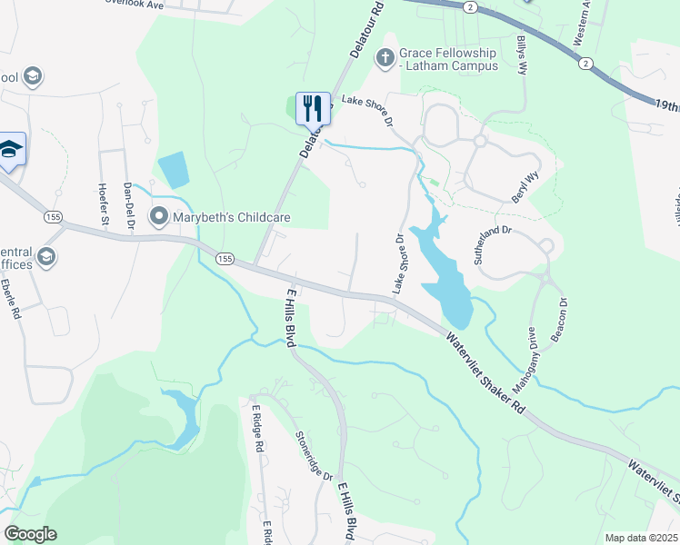 map of restaurants, bars, coffee shops, grocery stores, and more near 105 Cedarview Lane in Watervliet