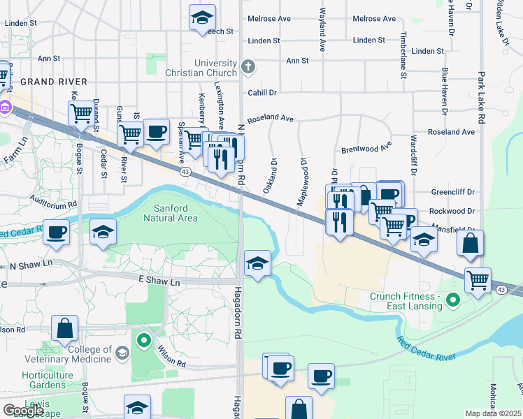 map of restaurants, bars, coffee shops, grocery stores, and more near 1600 East Grand River Road in East Lansing