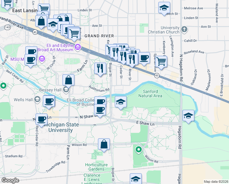 map of restaurants, bars, coffee shops, grocery stores, and more near 300 Village Drive in East Lansing