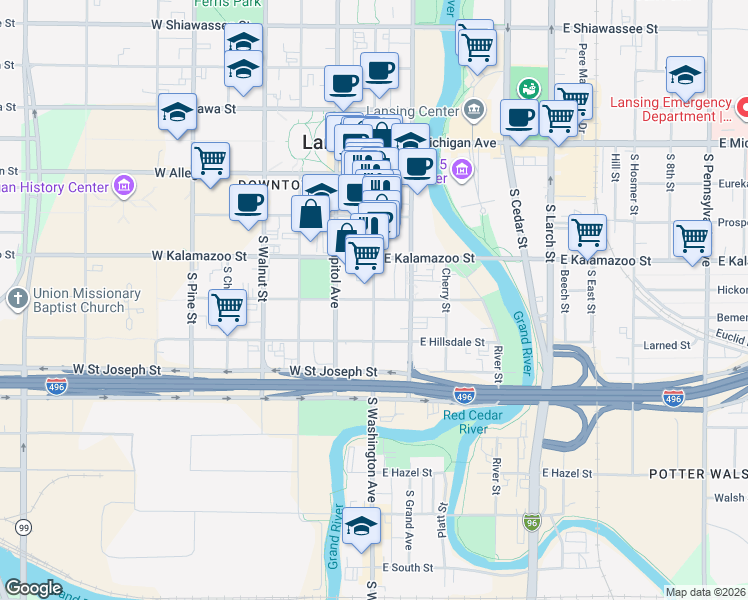 map of restaurants, bars, coffee shops, grocery stores, and more near 401 South Washington Avenue in Lansing