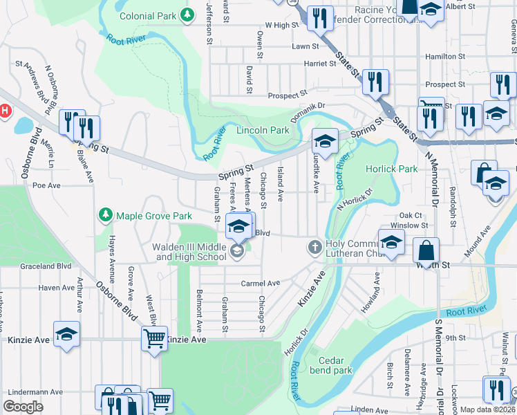 map of restaurants, bars, coffee shops, grocery stores, and more near 304 Chicago Street in Racine