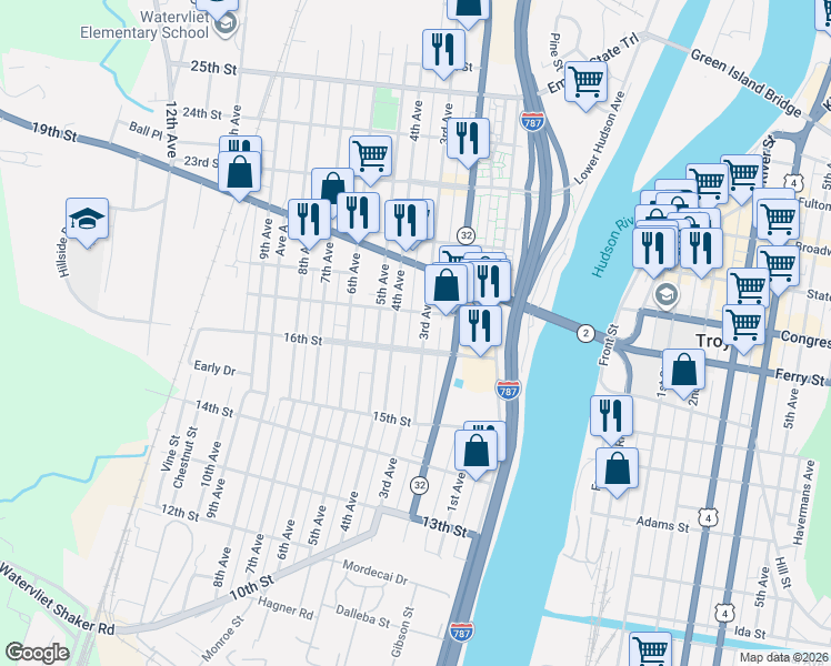 map of restaurants, bars, coffee shops, grocery stores, and more near 1620 4th Avenue in Watervliet