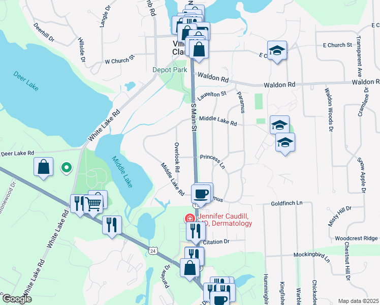map of restaurants, bars, coffee shops, grocery stores, and more near 6129 South Main Street in Clarkston