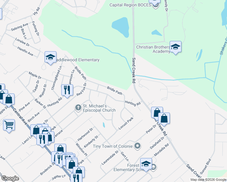 map of restaurants, bars, coffee shops, grocery stores, and more near 16 Bridle Path in Colonie
