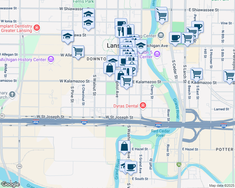 map of restaurants, bars, coffee shops, grocery stores, and more near 427 South Capitol Avenue in Lansing