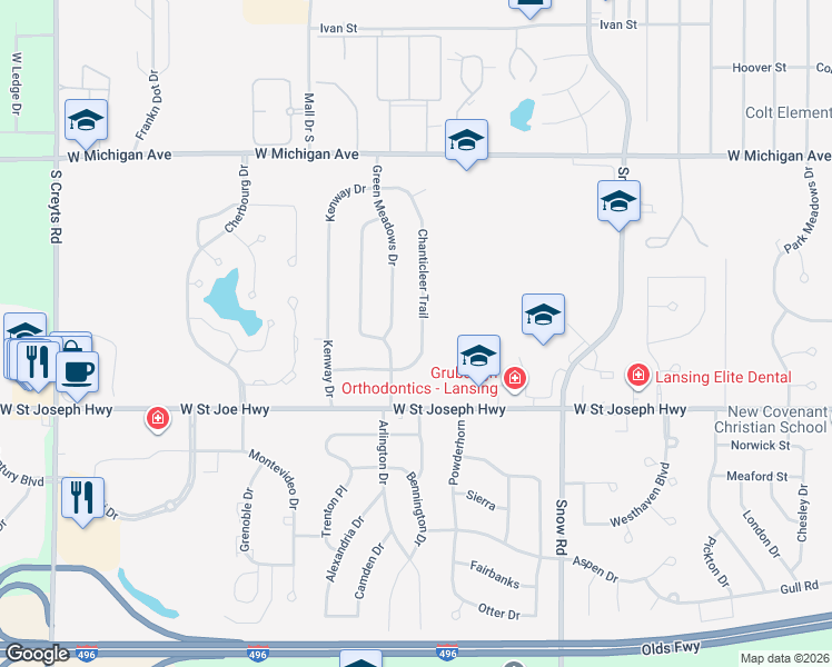 map of restaurants, bars, coffee shops, grocery stores, and more near 432 Chanticleer Trail in Lansing