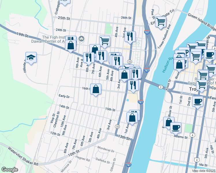 map of restaurants, bars, coffee shops, grocery stores, and more near 1606 5th Avenue in Watervliet