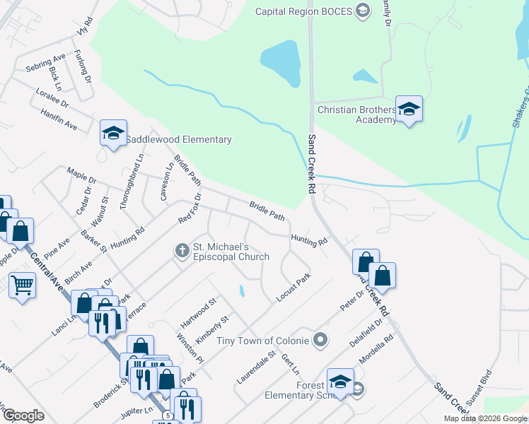 map of restaurants, bars, coffee shops, grocery stores, and more near 16 Bridle Path in Colonie