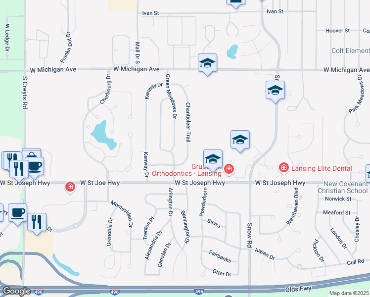 map of restaurants, bars, coffee shops, grocery stores, and more near 432 Chanticleer Trail in Lansing