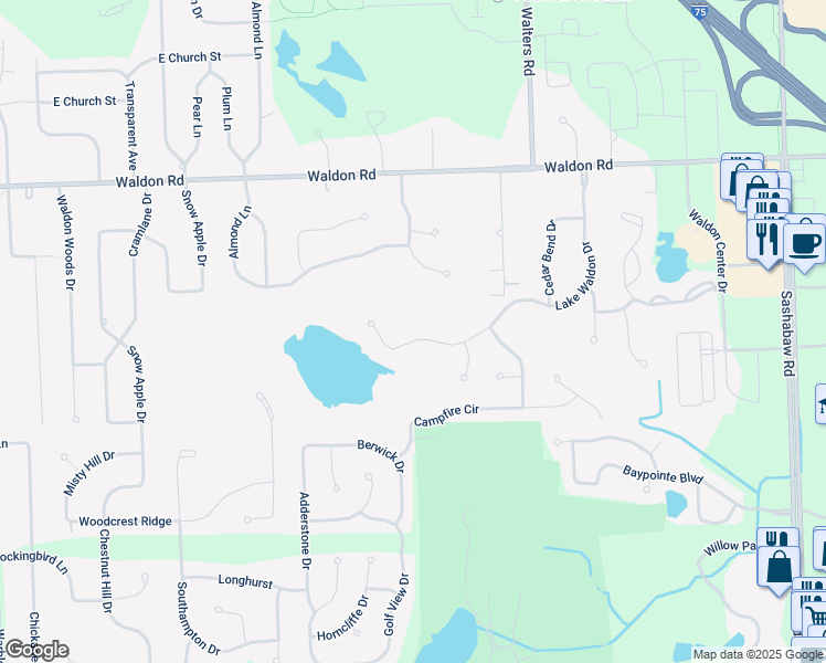 map of restaurants, bars, coffee shops, grocery stores, and more near 6148 Lake Waldon Drive in Clarkston