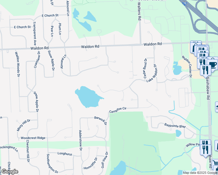 map of restaurants, bars, coffee shops, grocery stores, and more near 6148 Lake Waldon Drive in Clarkston