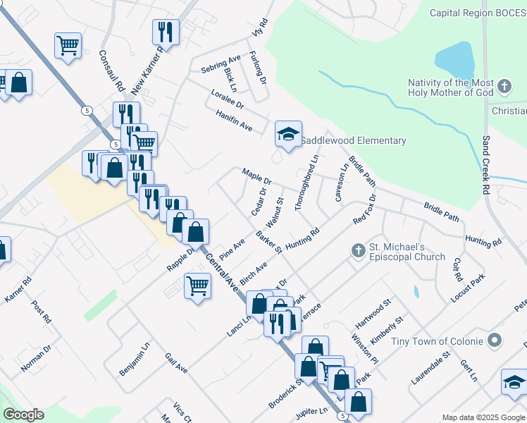map of restaurants, bars, coffee shops, grocery stores, and more near 2 Cedar Drive in Colonie