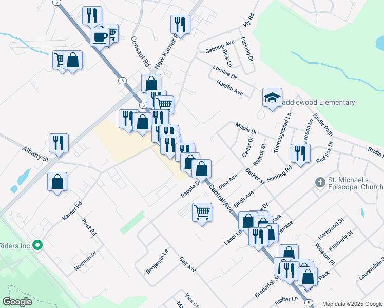 map of restaurants, bars, coffee shops, grocery stores, and more near 1785 Central Avenue in Colonie
