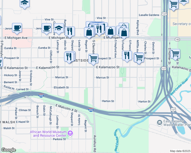 map of restaurants, bars, coffee shops, grocery stores, and more near 425 South Clemens Avenue in Lansing