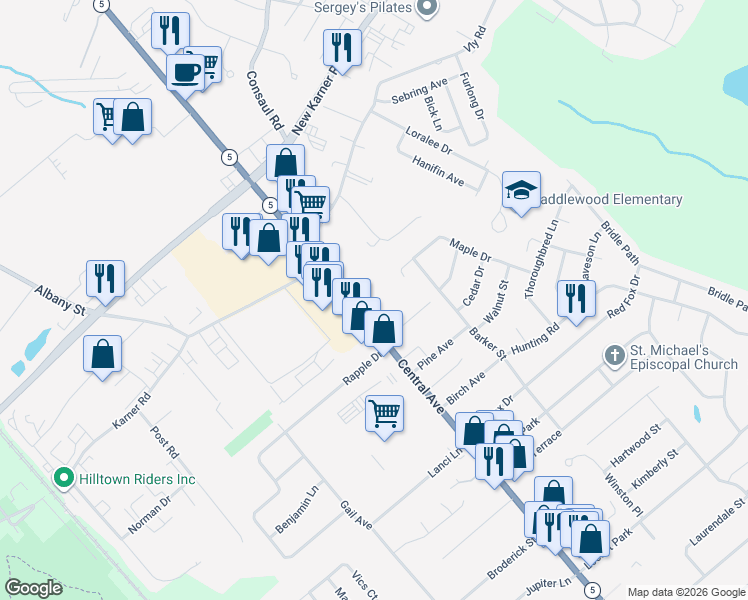 map of restaurants, bars, coffee shops, grocery stores, and more near 1779 Central Avenue in Colonie