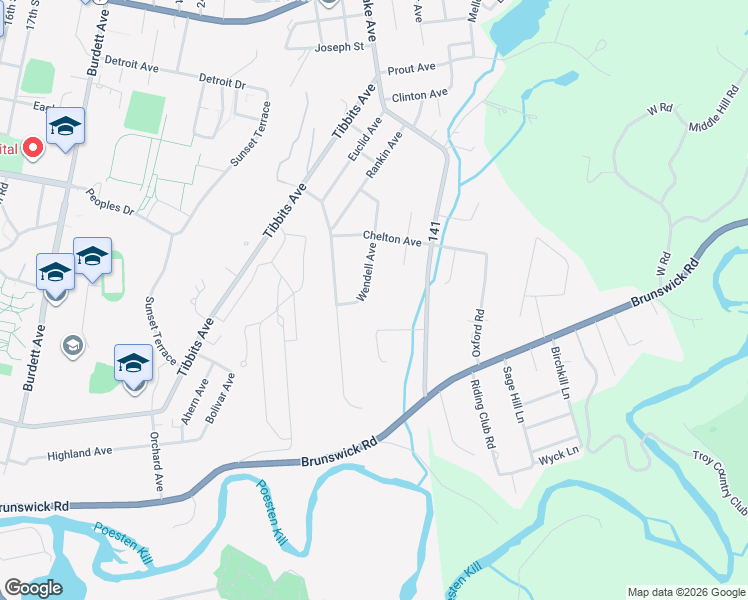 map of restaurants, bars, coffee shops, grocery stores, and more near 114 Wendell Avenue in Troy
