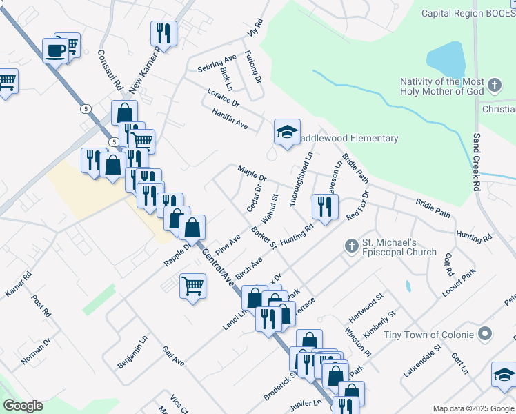 map of restaurants, bars, coffee shops, grocery stores, and more near 2 Cedar Drive in Colonie