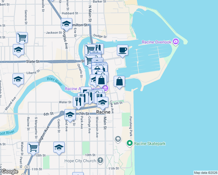 map of restaurants, bars, coffee shops, grocery stores, and more near 425 Lake Avenue in Racine