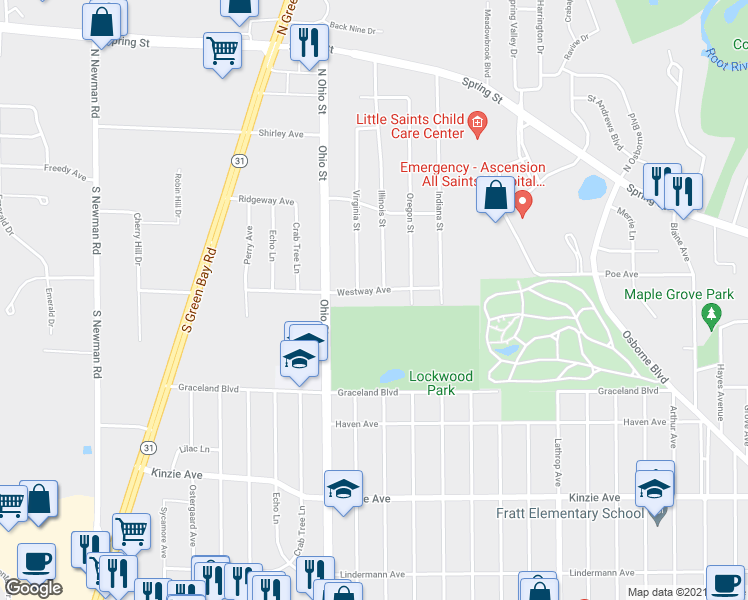 map of restaurants, bars, coffee shops, grocery stores, and more near 4509 Westway Avenue in Racine
