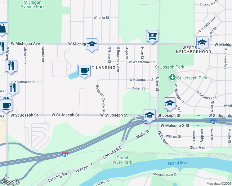 map of restaurants, bars, coffee shops, grocery stores, and more near 442 South Rosemary Avenue in Lansing