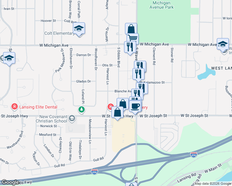 map of restaurants, bars, coffee shops, grocery stores, and more near 4107 Blanche Avenue in Lansing