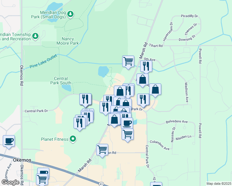 map of restaurants, bars, coffee shops, grocery stores, and more near 5151 Marsh Road in Meridian charter Township