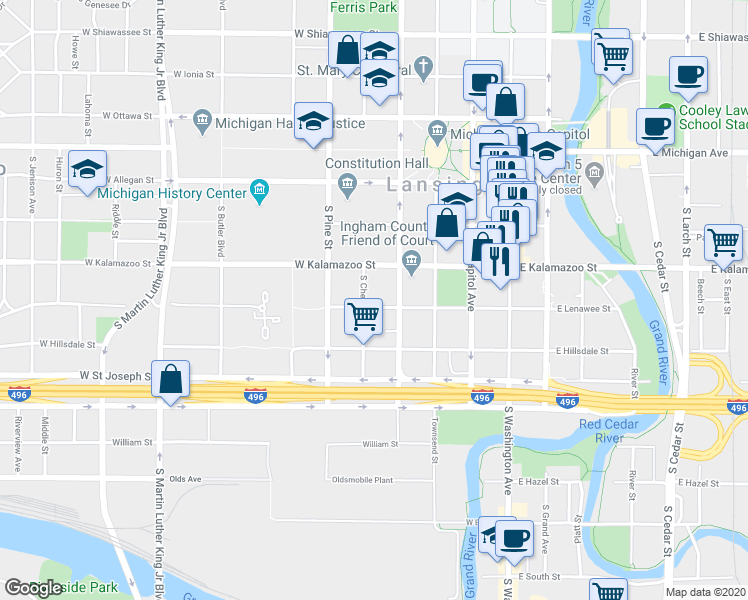map of restaurants, bars, coffee shops, grocery stores, and more near 422 West Lenawee Street in Lansing