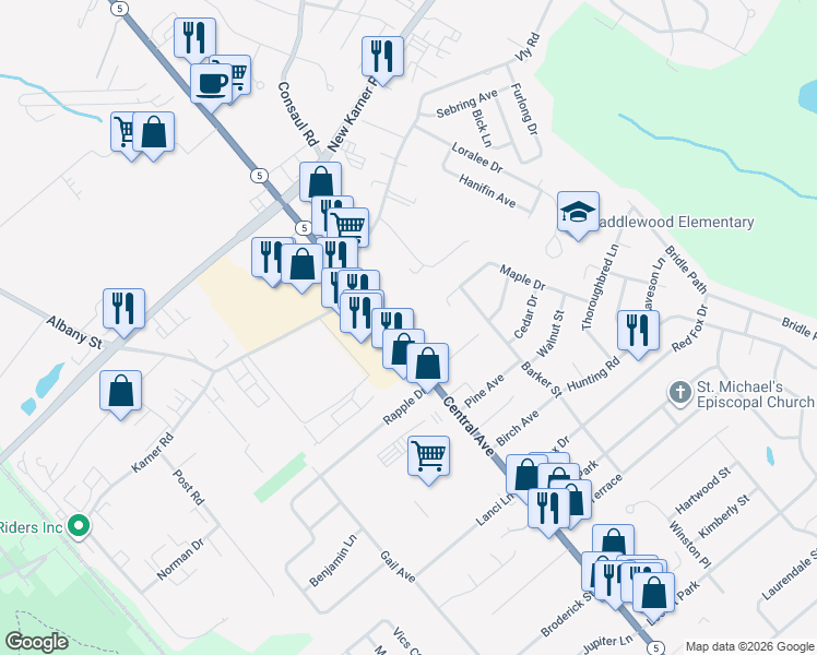 map of restaurants, bars, coffee shops, grocery stores, and more near 1783 Central Avenue in Colonie