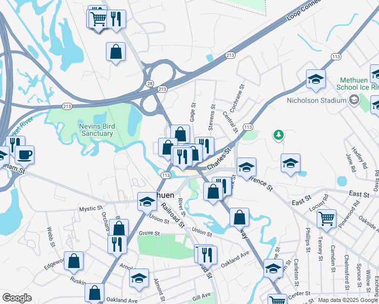 map of restaurants, bars, coffee shops, grocery stores, and more near 285 Broadway in Methuen