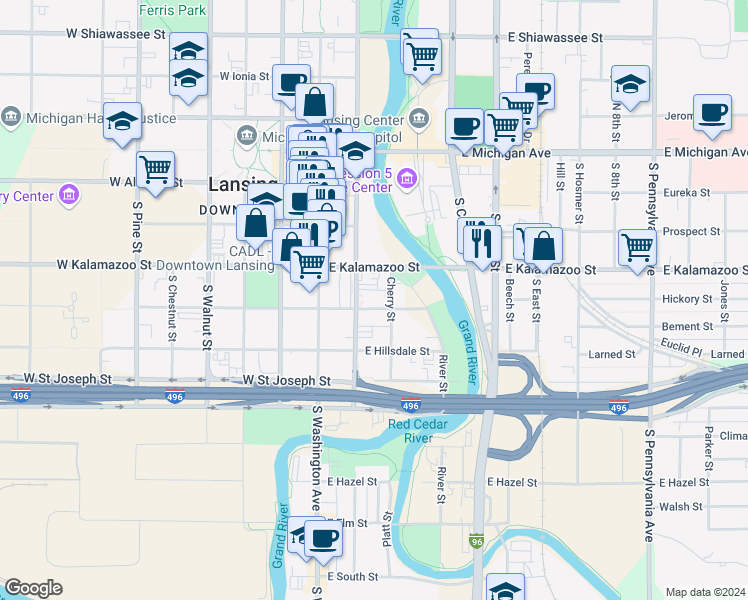map of restaurants, bars, coffee shops, grocery stores, and more near 425 South Grand Avenue in Lansing