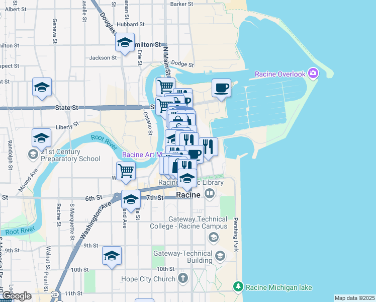 map of restaurants, bars, coffee shops, grocery stores, and more near 409 Main Street in Racine