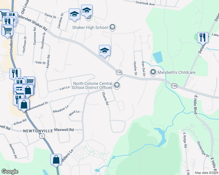 map of restaurants, bars, coffee shops, grocery stores, and more near Fiddlers Lane in Latham