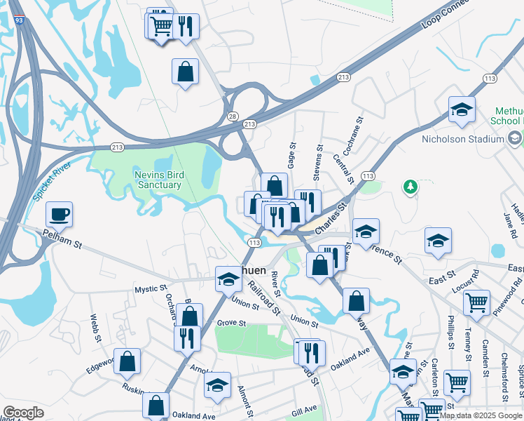 map of restaurants, bars, coffee shops, grocery stores, and more near 57 Hampshire Street in Methuen