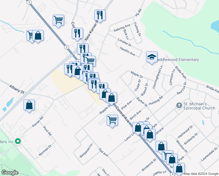 map of restaurants, bars, coffee shops, grocery stores, and more near 1785 Central Avenue in Colonie