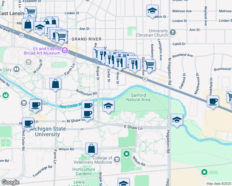 map of restaurants, bars, coffee shops, grocery stores, and more near 1050 Waters Edge Drive in East Lansing