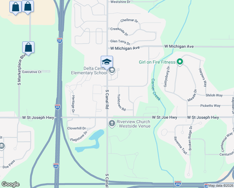map of restaurants, bars, coffee shops, grocery stores, and more near 7534 Yorktown Road in Lansing