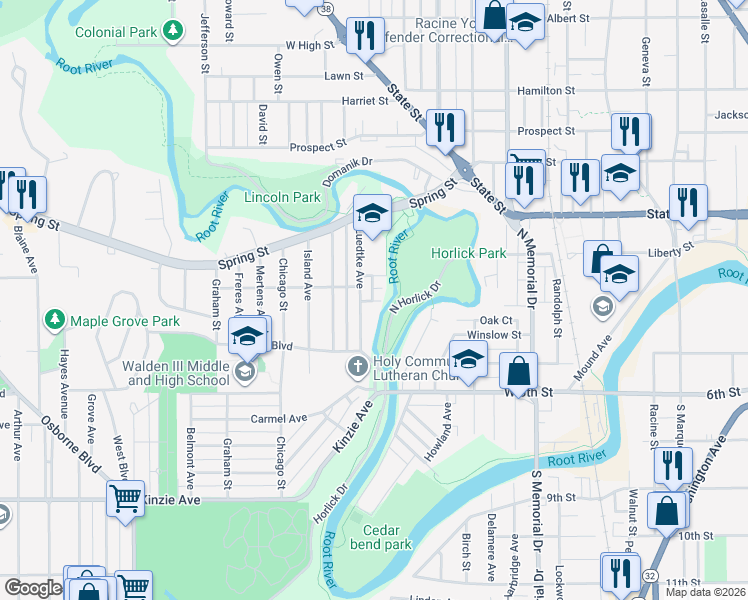 map of restaurants, bars, coffee shops, grocery stores, and more near 1900 Ehlert Street in Racine