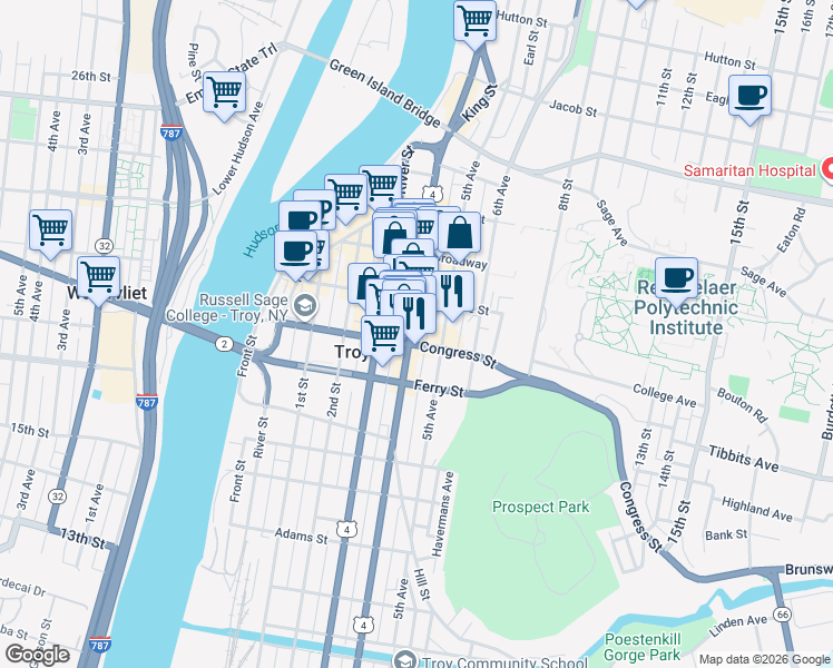 map of restaurants, bars, coffee shops, grocery stores, and more near 109 4th Street in Troy