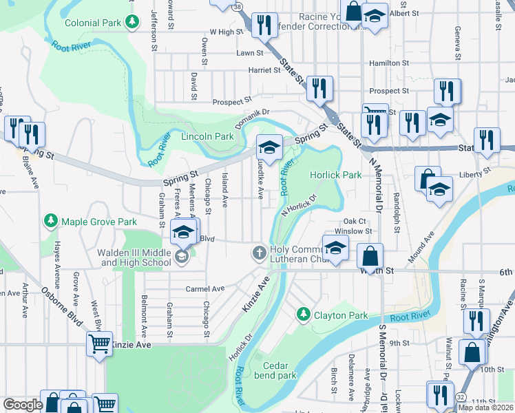 map of restaurants, bars, coffee shops, grocery stores, and more near 310 Luedtke Avenue in Racine