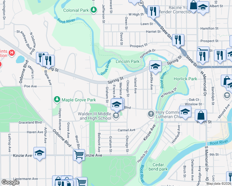 map of restaurants, bars, coffee shops, grocery stores, and more near 309 Freres Avenue in Racine