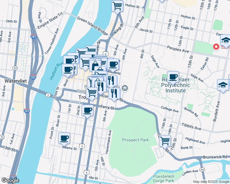 map of restaurants, bars, coffee shops, grocery stores, and more near 141 Congress Street in Troy