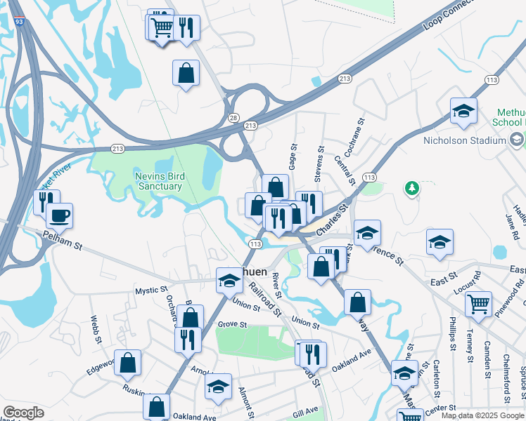 map of restaurants, bars, coffee shops, grocery stores, and more near 57 Hampshire Street in Methuen