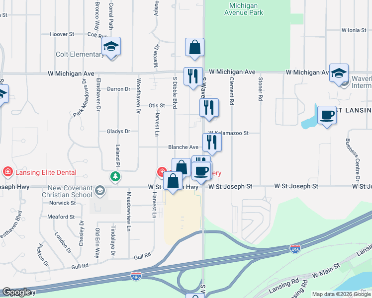 map of restaurants, bars, coffee shops, grocery stores, and more near 500 Hume Boulevard in Lansing