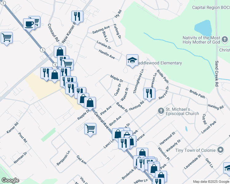 map of restaurants, bars, coffee shops, grocery stores, and more near 2 Cedar Drive in Colonie