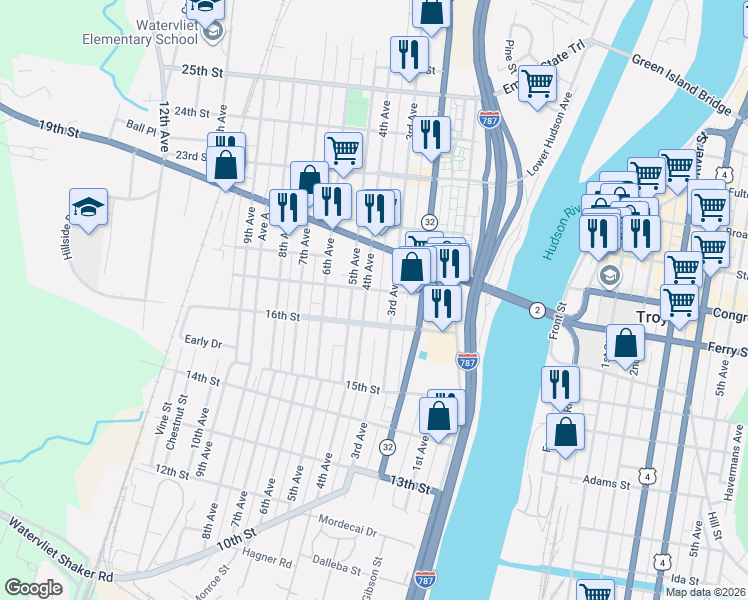 map of restaurants, bars, coffee shops, grocery stores, and more near 1620 4th Avenue in Watervliet
