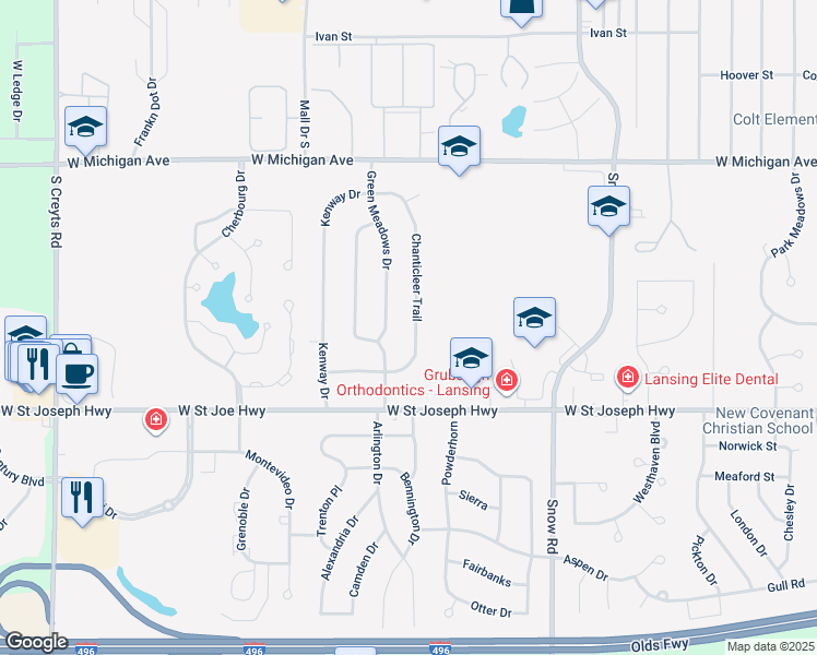 map of restaurants, bars, coffee shops, grocery stores, and more near 432 Chanticleer Trail in Lansing